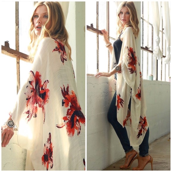 Accessories - Ivory Floral Open Shawl Wrap Top